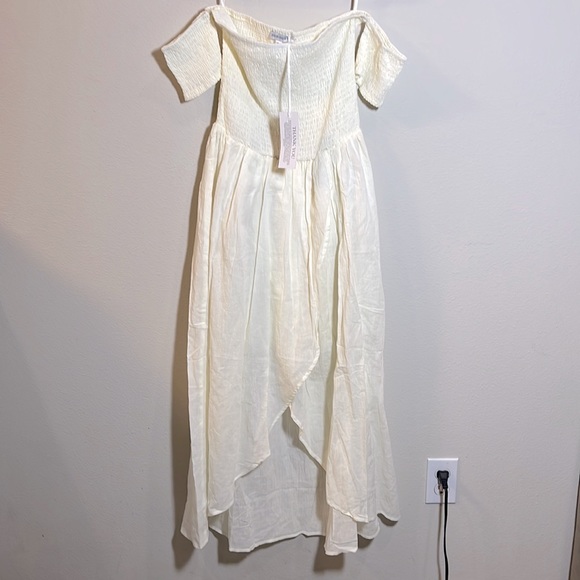 Indie Blue White midi Smocked Off Shoulder Dress Small NWT - Picture 1 of 4